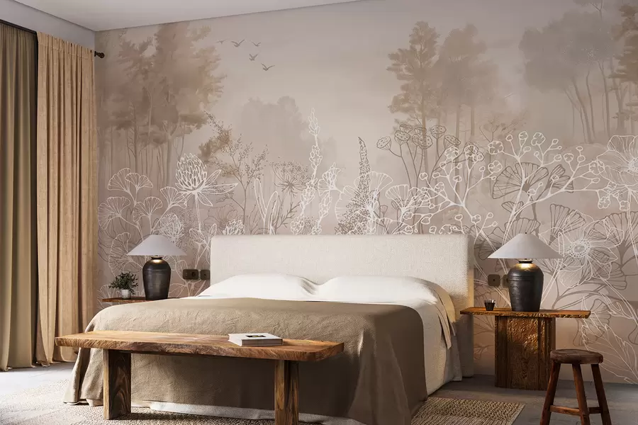 wall murals Цртање линија цвећа, шумски пејзаж, природа, реализам, палета беж боја w08144