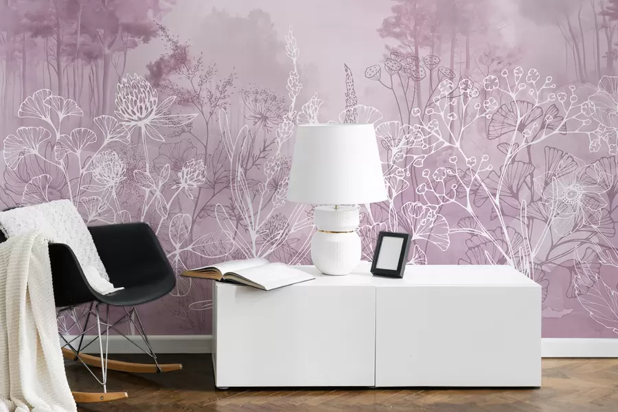 wall murals Цвеће за цртање линија, шумски пејзаж, природа, реализам, палета ружичастих боја w08144v3