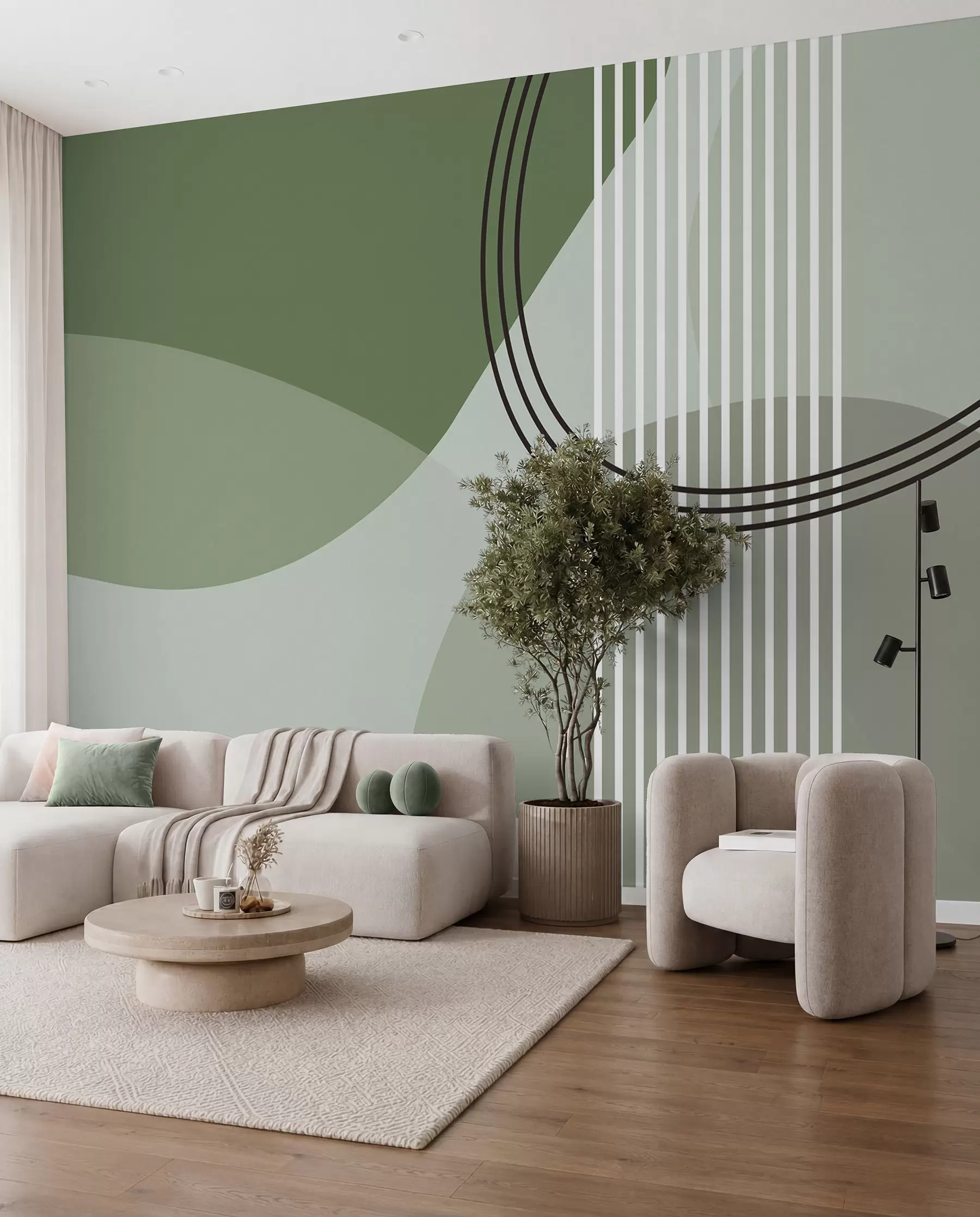 wall murals Геометријска апстракција линија и круг минимализам модеран стил зелене боје w08173v1