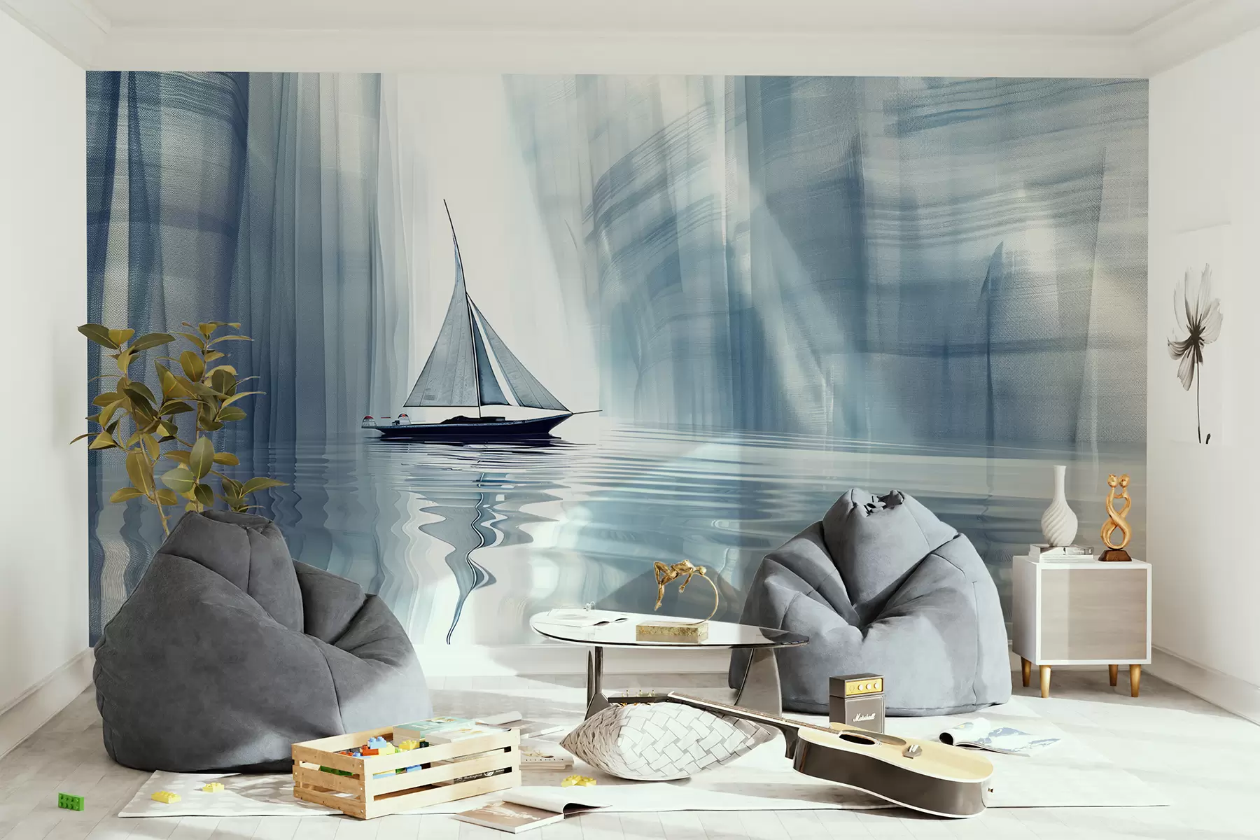 wall murals Чамац на води у футуристичком стилу са плавим бојама w01338
