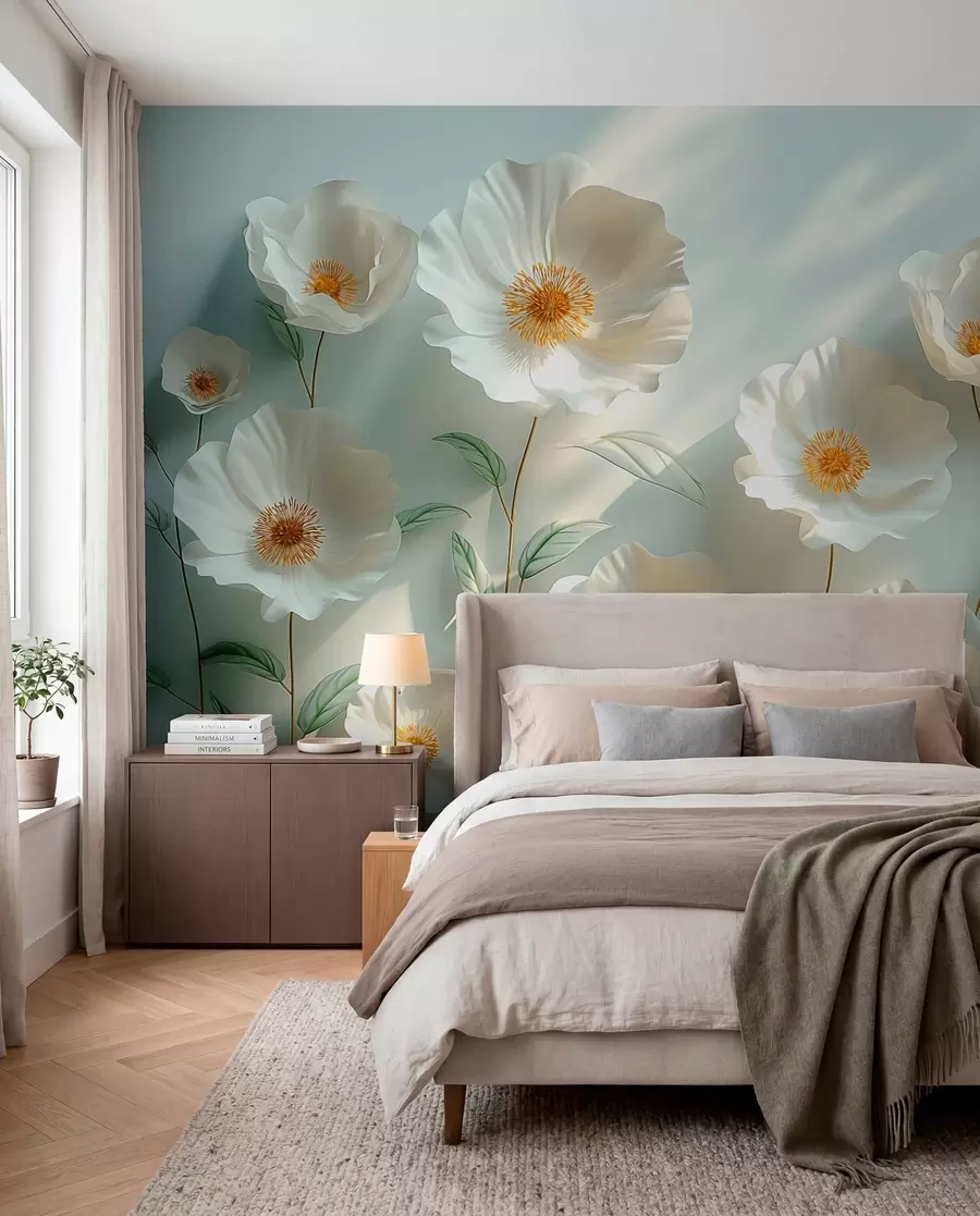 wall murals Бели макови уз зид са сунчевом светлошћу и 3Д ефектом w01339