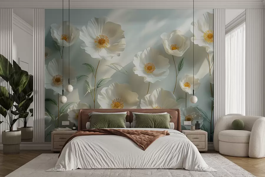 wall murals Бели макови уз зид са сунчевом светлошћу и 3Д ефектом w01339
