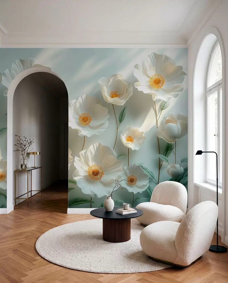 wall murals Бели макови уз зид са сунчевом светлошћу и 3Д ефектом w01339