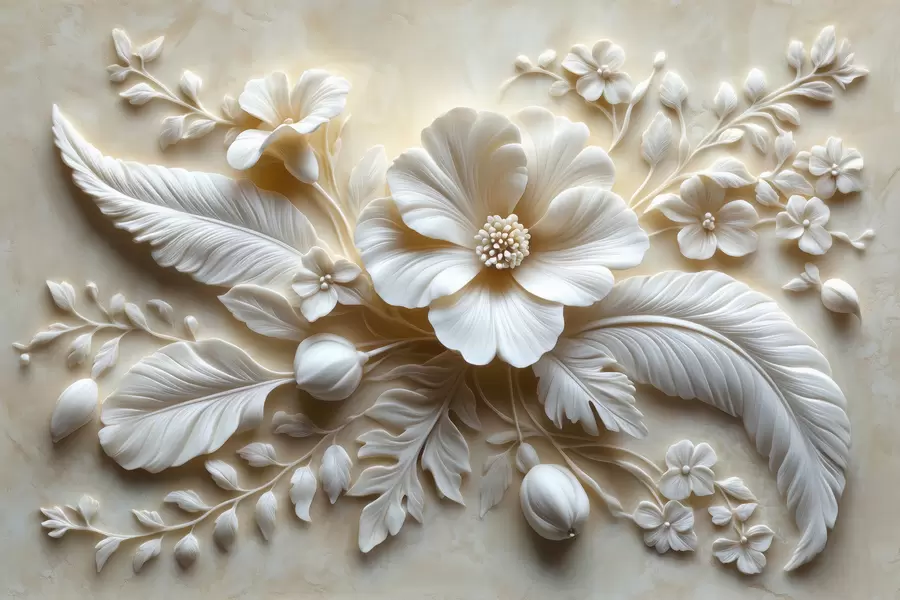 wall murals 3Д рељефна зидна уметност са перјем и цвећем, са великим маком у беж бојама w01340