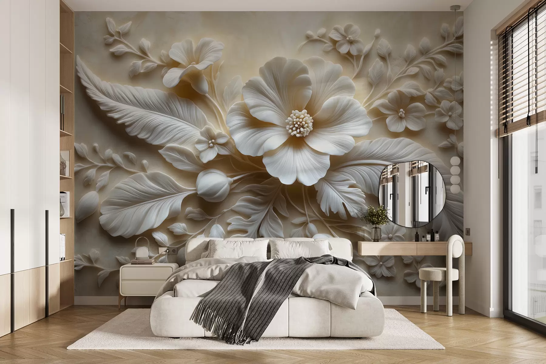 wall murals 3Д рељефна зидна уметност са перјем и цвећем, са великим маком у беж бојама w01340
