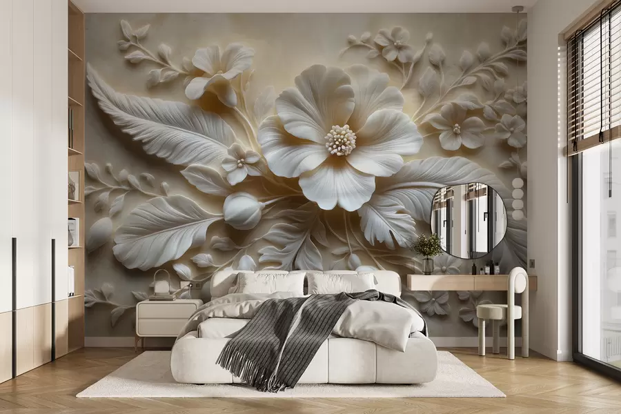 wall murals 3Д рељефна зидна уметност са перјем и цвећем, са великим маком у беж бојама w01340