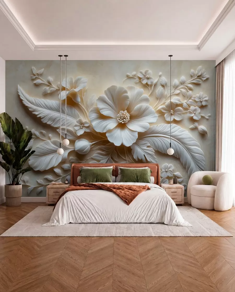 wall murals 3Д рељефна зидна уметност са перјем и цвећем, са великим маком у беж бојама w01340