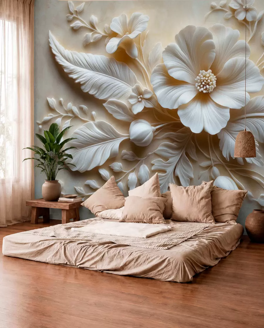 wall murals 3Д рељефна зидна уметност са перјем и цвећем, са великим маком у беж бојама w01340