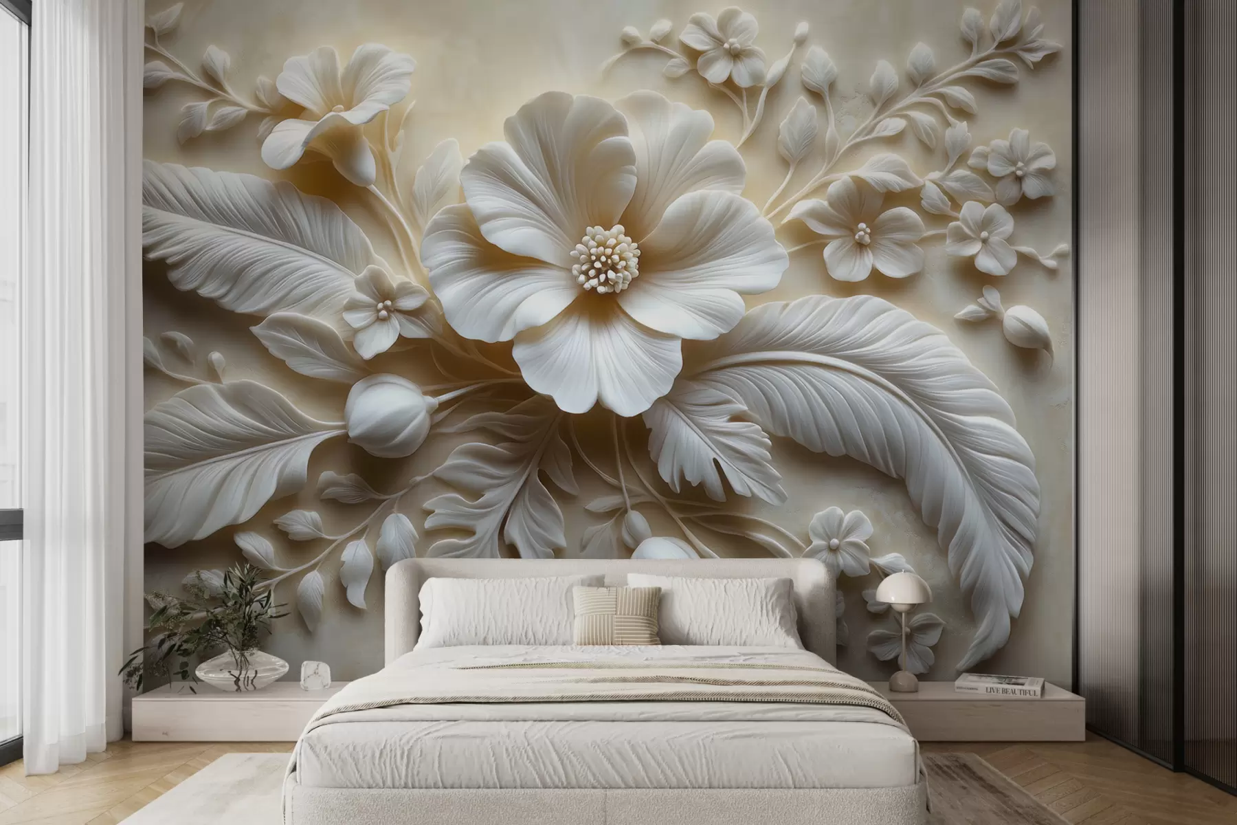 wall murals 3Д рељефна зидна уметност са перјем и цвећем, са великим маком у беж бојама w01340