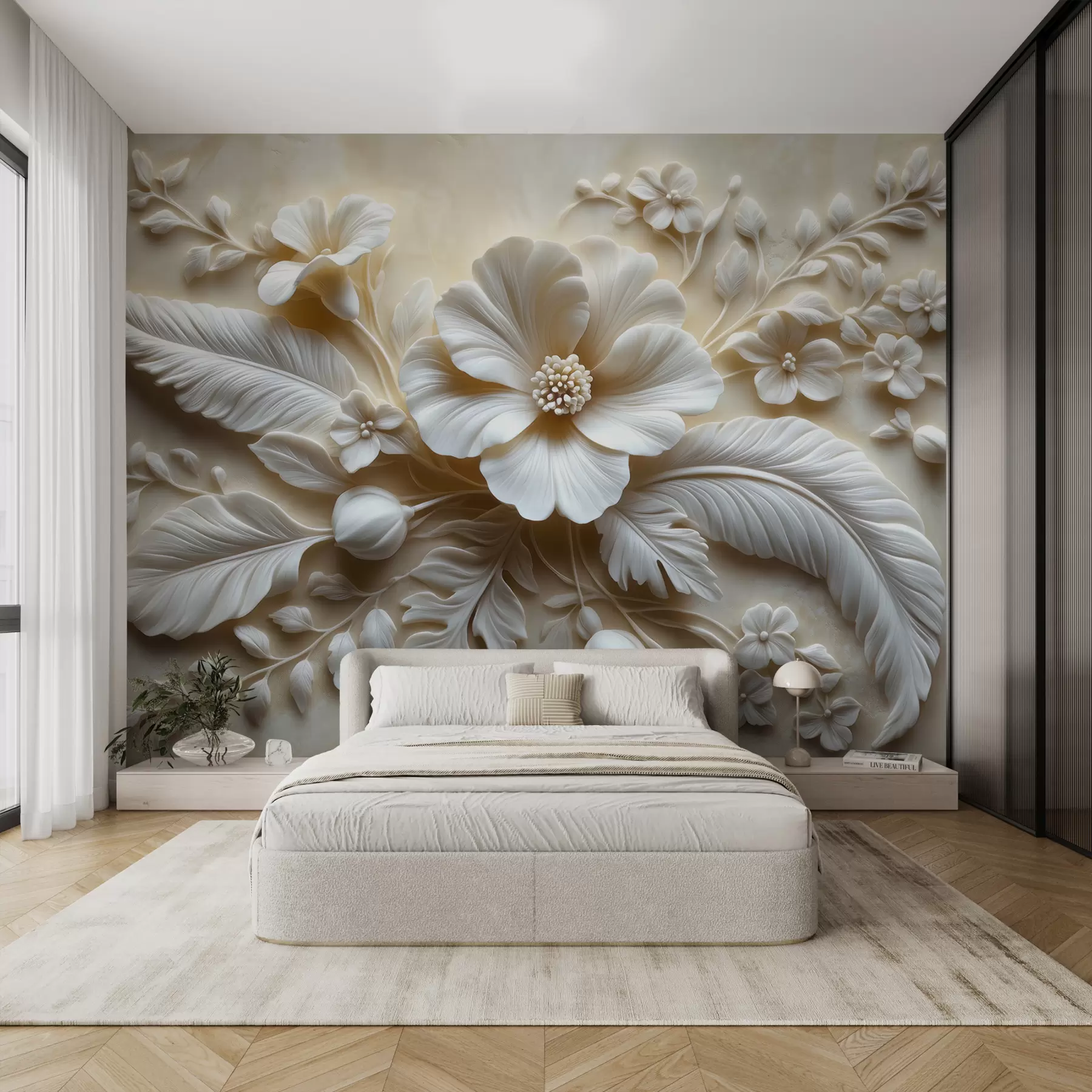 wall murals 3Д рељефна зидна уметност са перјем и цвећем, са великим маком у беж бојама w01340