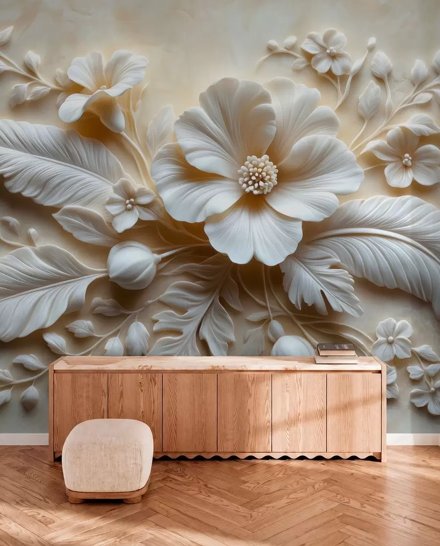 wall murals 3Д рељефна зидна уметност са перјем и цвећем, са великим маком у беж бојама w01340