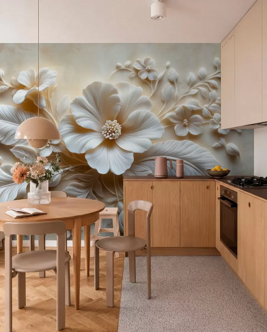 wall murals 3Д рељефна зидна уметност са перјем и цвећем, са великим маком у беж бојама w01340