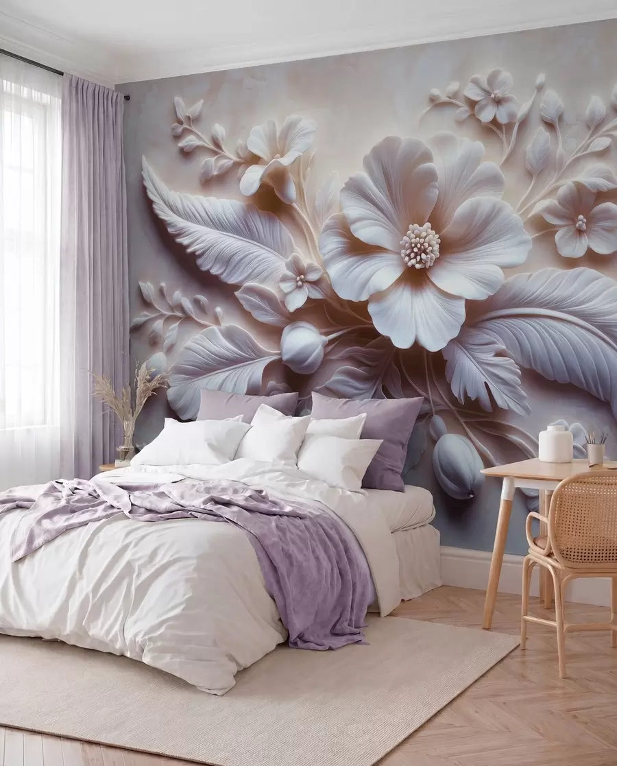 wall murals 3Д рељефна зидна уметност са перјем и цвећем, са великим маком у светло ружичастим бојама w01340v1