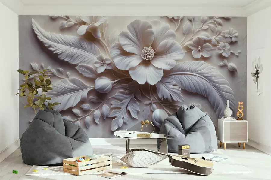 wall murals 3Д рељефна зидна уметност са перјем и цвећем, са великим маком у светло ружичастим бојама w01340v1
