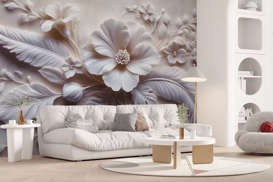 wall murals 3Д рељефна зидна уметност са перјем и цвећем, са великим маком у светло ружичастим бојама w01340v1