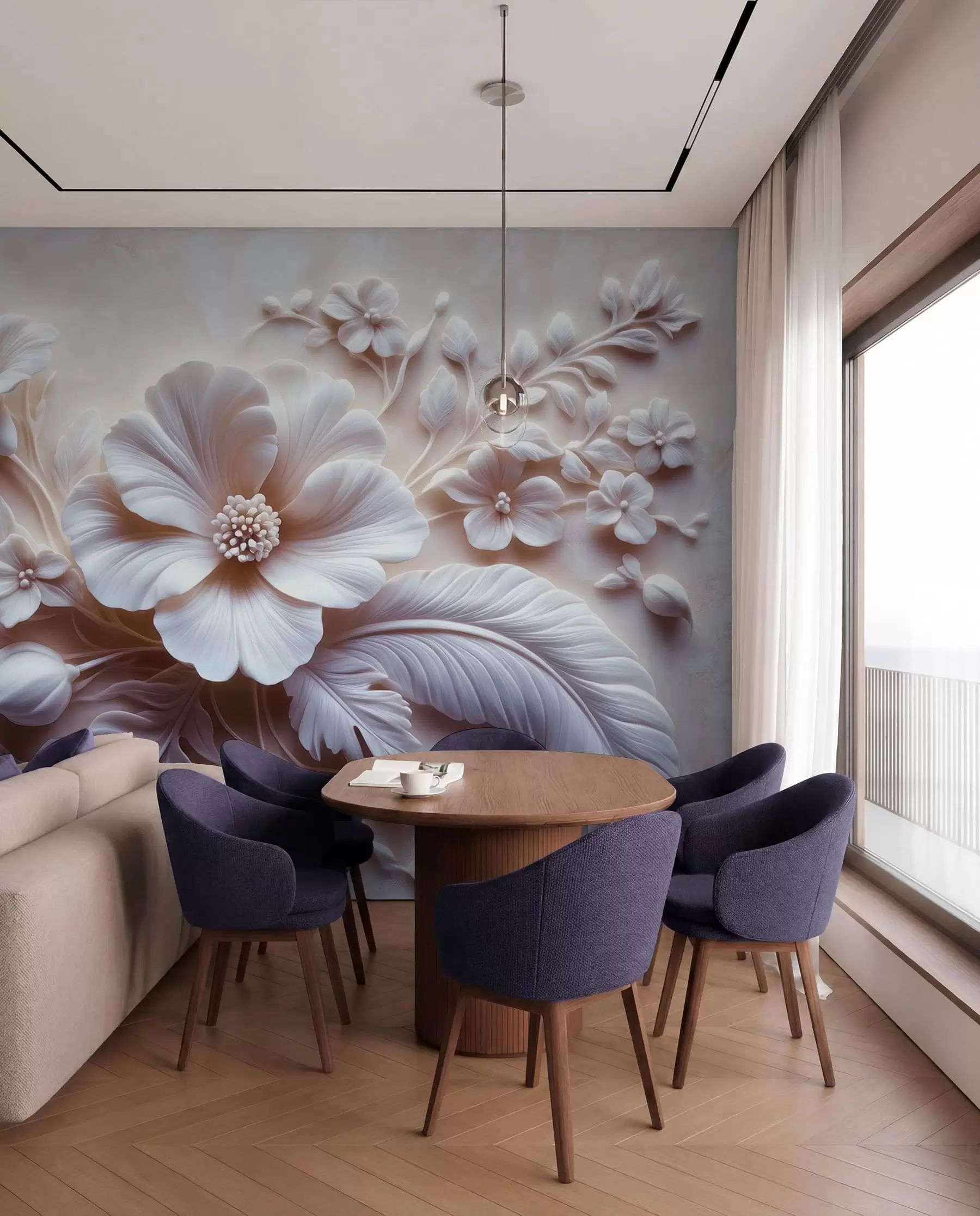 wall murals 3Д рељефна зидна уметност са перјем и цвећем, са великим маком у светло ружичастим бојама w01340v1