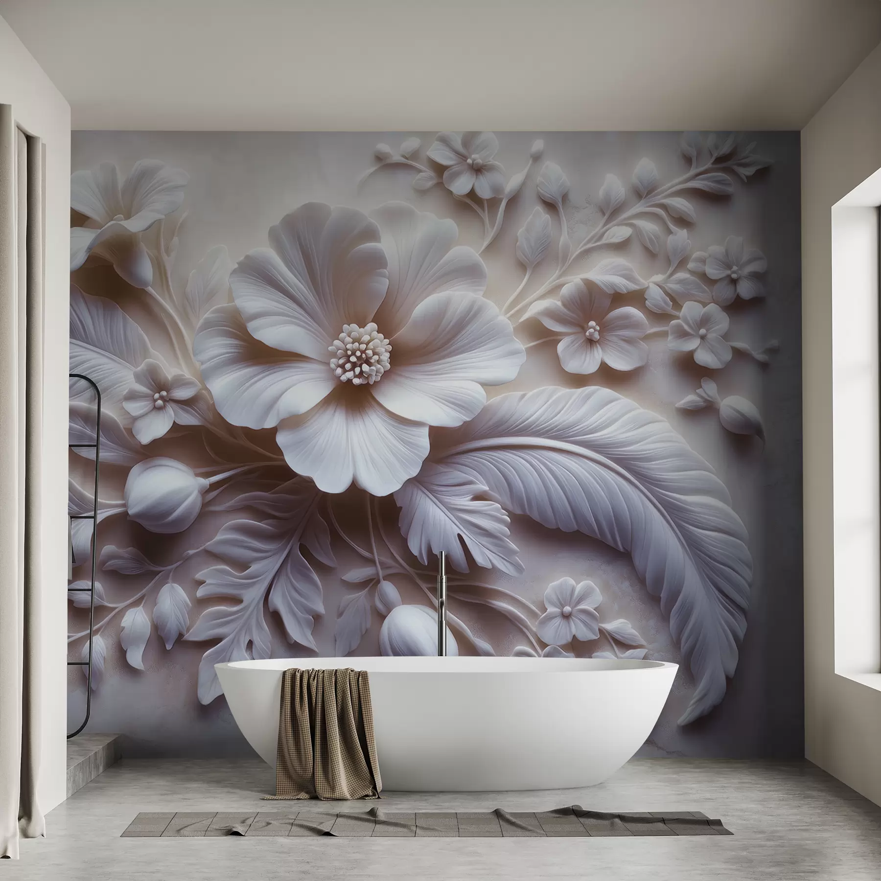 wall murals 3Д рељефна зидна уметност са перјем и цвећем, са великим маком у светло ружичастим бојама w01340v1