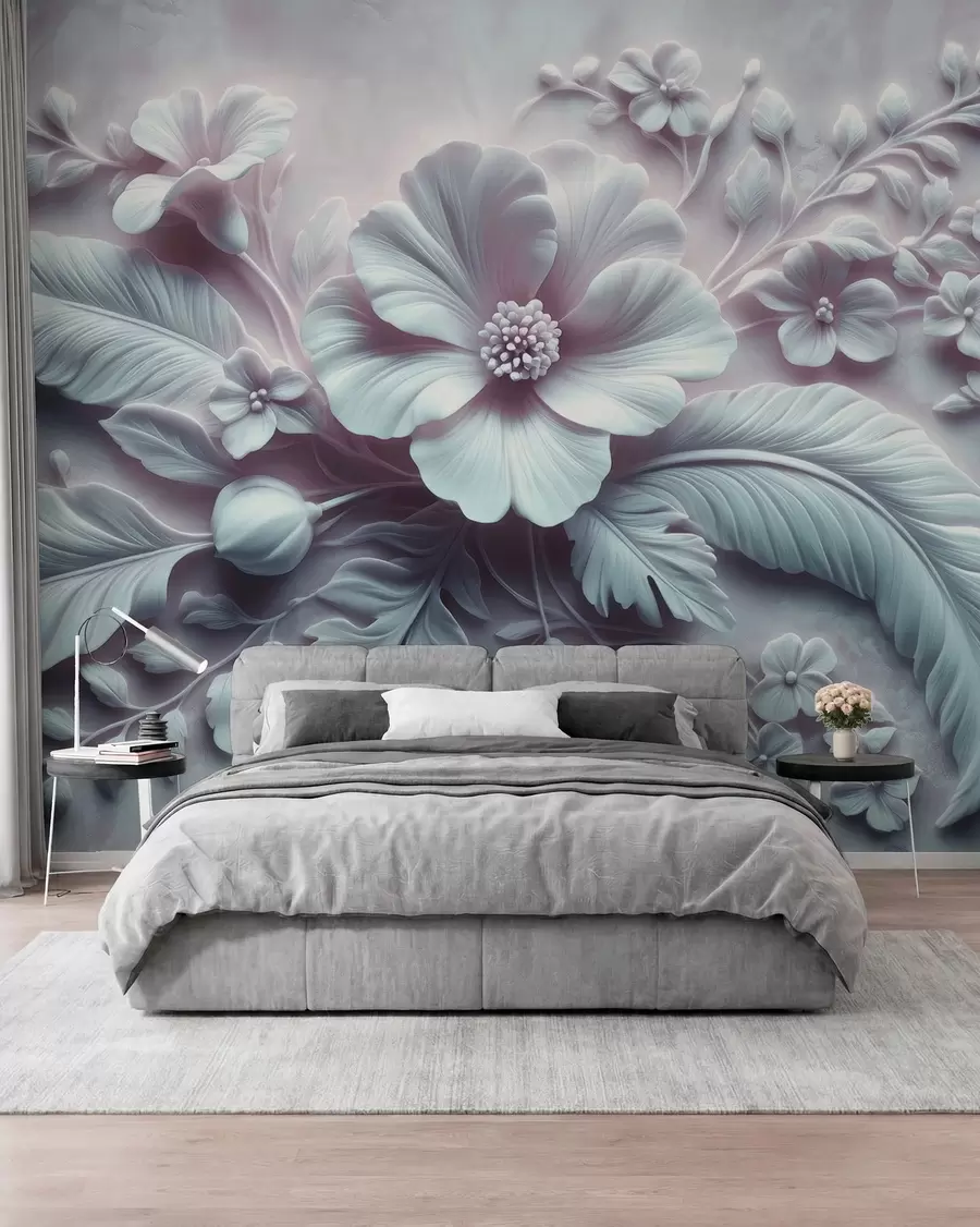 wall murals 3Д рељефна зидна уметност са перјем и цвећем, са великим маком у светло плавим бојама w01340v2