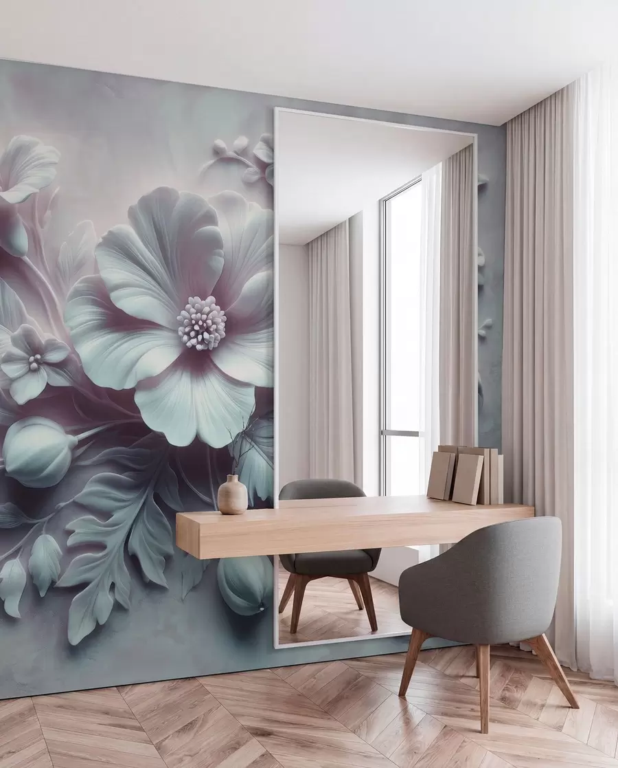 wall murals 3Д рељефна зидна уметност са перјем и цвећем, са великим маком у светло плавим бојама w01340v2
