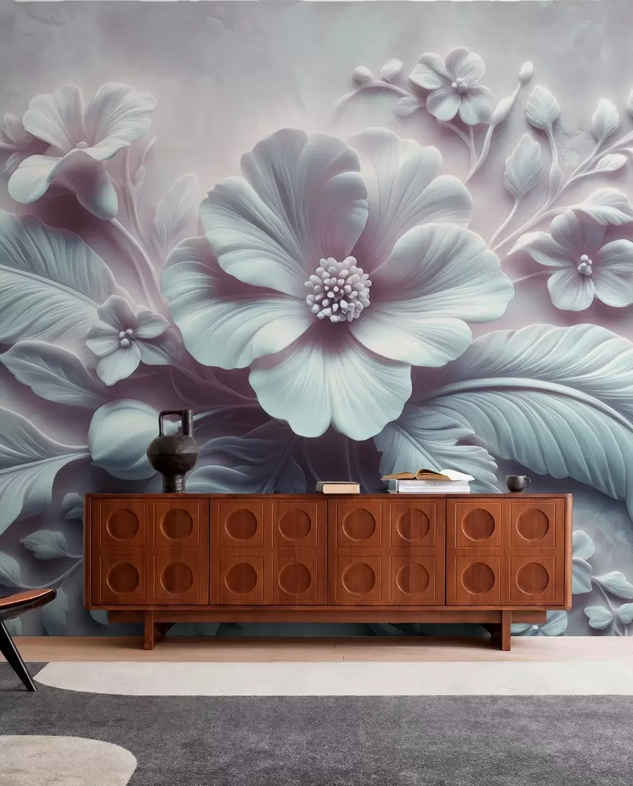 wall murals 3Д рељефна зидна уметност са перјем и цвећем, са великим маком у светло плавим бојама w01340v2