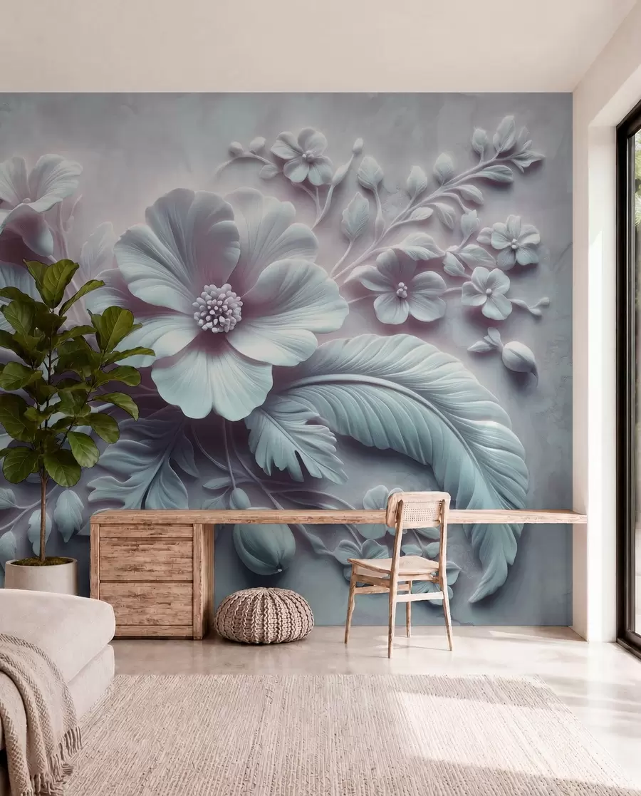 wall murals 3Д рељефна зидна уметност са перјем и цвећем, са великим маком у светло плавим бојама w01340v2