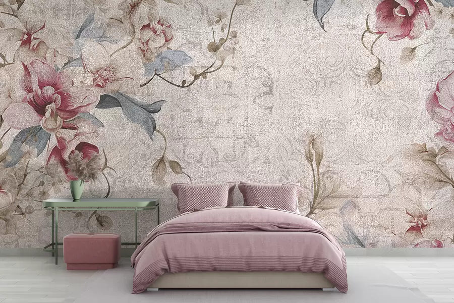 wall murals Винтаге цветни узорак са деликатним ружичастим и белим цветовима, листовима на светло беж позадини w08149