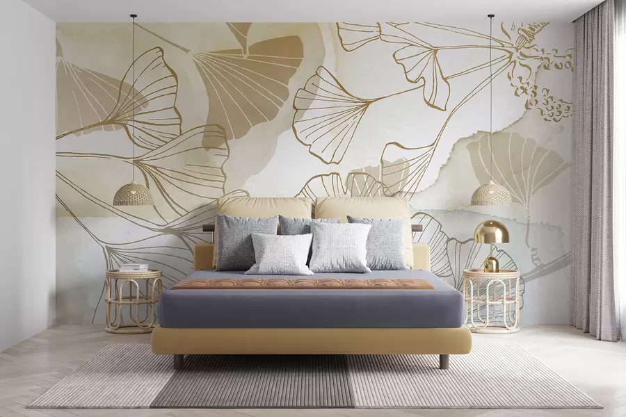 wall murals Узорак деликатног лишћа гинка у нијансама беж, жутосмеђе и плаве на светлој позадини w08157