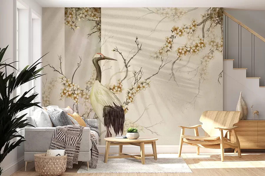 wall murals Бели ждрал стоји на грани са расцветаним цвећем, на мекој, замућеној позадини w08159