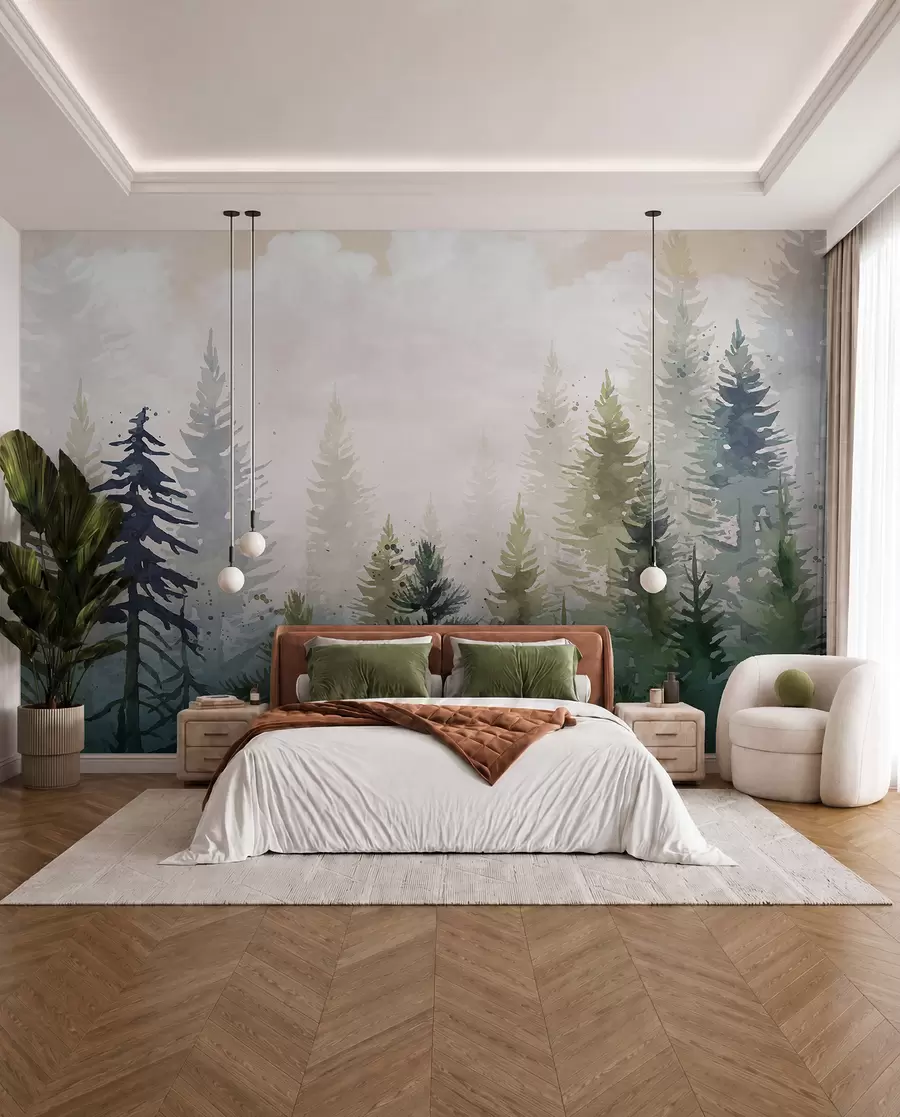 wall murals Шума високих зимзелених борова у магловитом окружењу и испуњена меким, магловитим облацима w08160