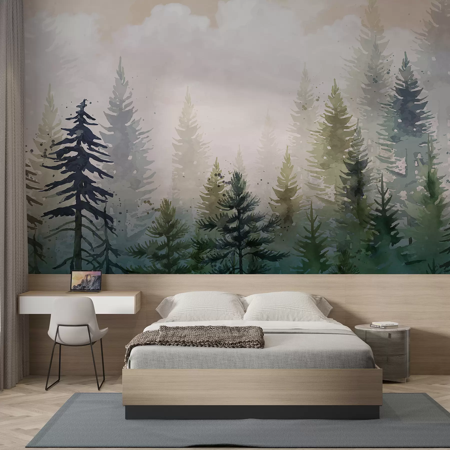 wall murals Шума високих зимзелених борова у магловитом окружењу и испуњена меким, магловитим облацима w08160