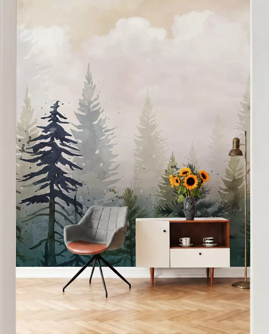 wall murals Шума високих зимзелених борова у магловитом окружењу и испуњена меким, магловитим облацима w08160