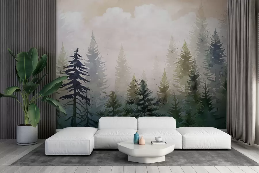 wall murals Шума високих зимзелених борова у магловитом окружењу и испуњена меким, магловитим облацима w08160