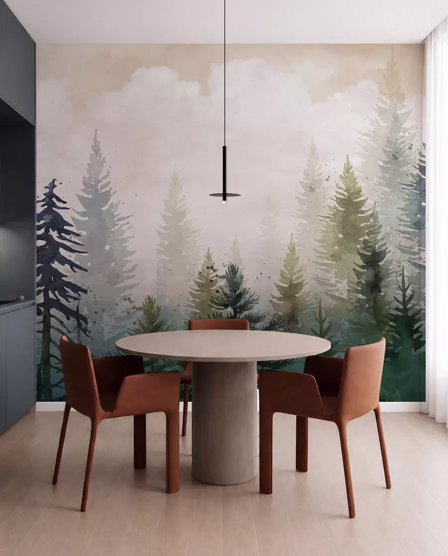 wall murals Шума високих зимзелених борова у магловитом окружењу и испуњена меким, магловитим облацима w08160