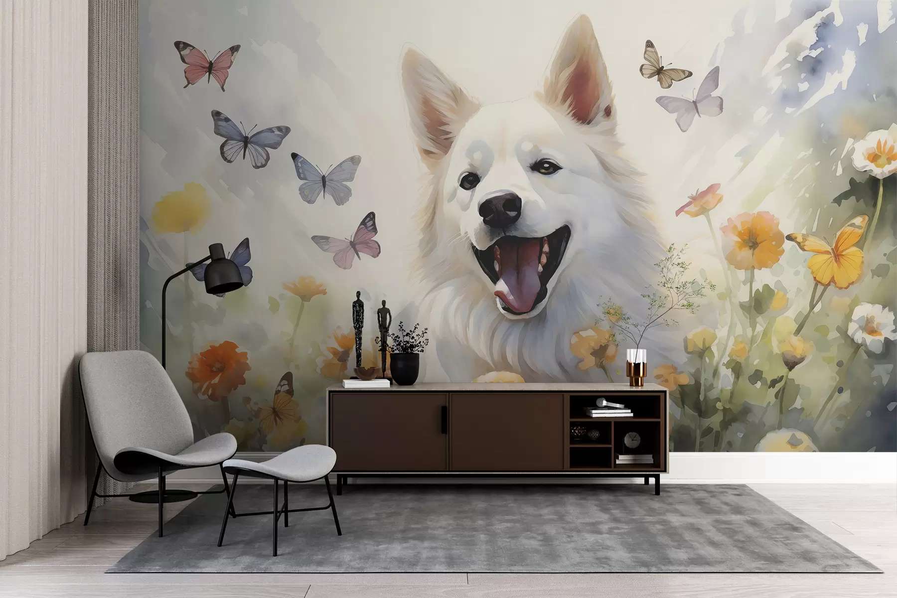 wall murals Бели пас међу лептирима и цвећем акварел w00941