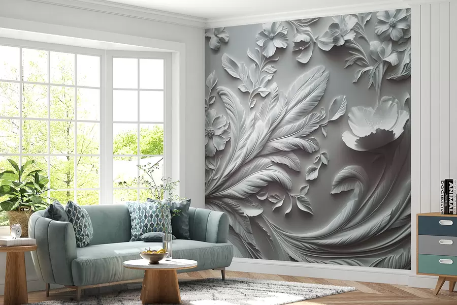 wall murals Изузетно подигнуто цвеће и лишће у сивим тоновима w01356v2