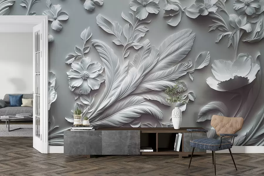 wall murals Изузетно подигнуто цвеће и лишће у сивим тоновима w01356v2