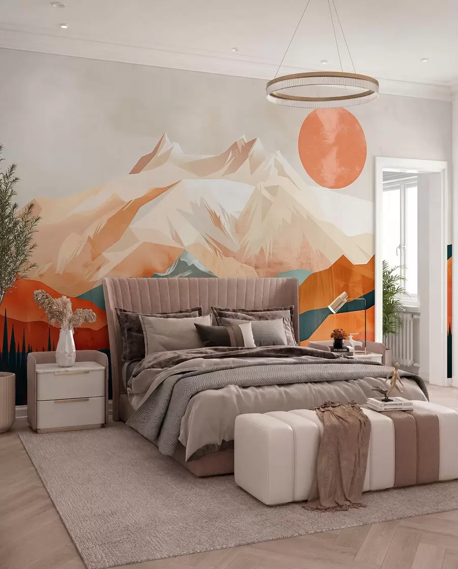 wall murals Бохо блаженство: спокојан пејзаж планина, дрвећа и сунца w01358