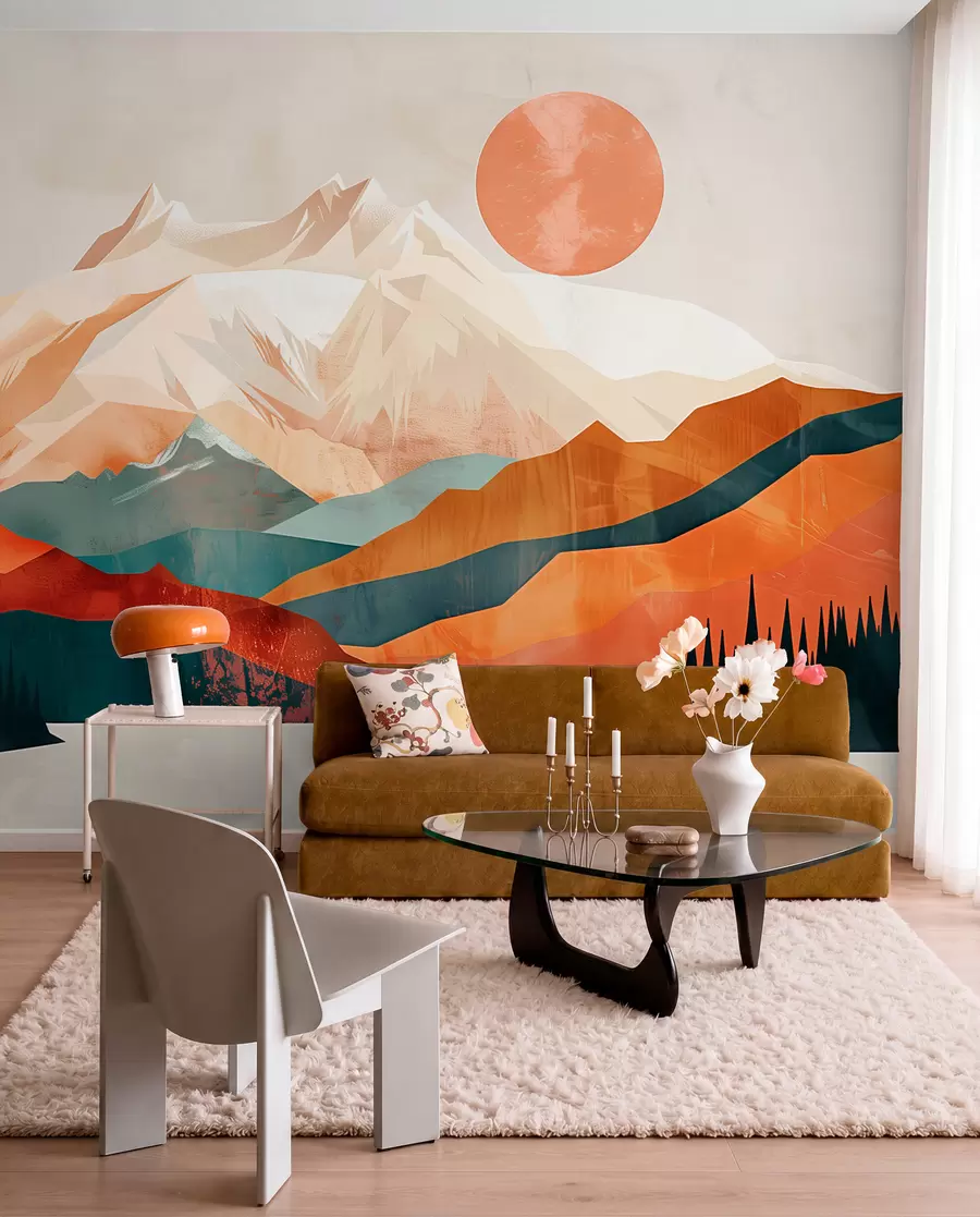 wall murals Бохо блаженство: спокојан пејзаж планина, дрвећа и сунца w01358