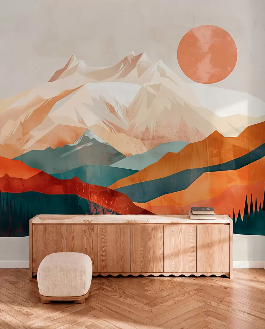 wall murals Бохо блаженство: спокојан пејзаж планина, дрвећа и сунца w01358