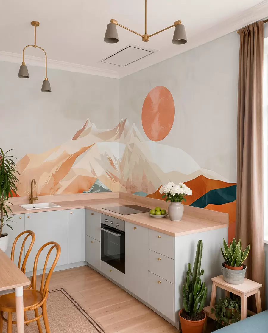 wall murals Бохо блаженство: спокојан пејзаж планина, дрвећа и сунца w01358