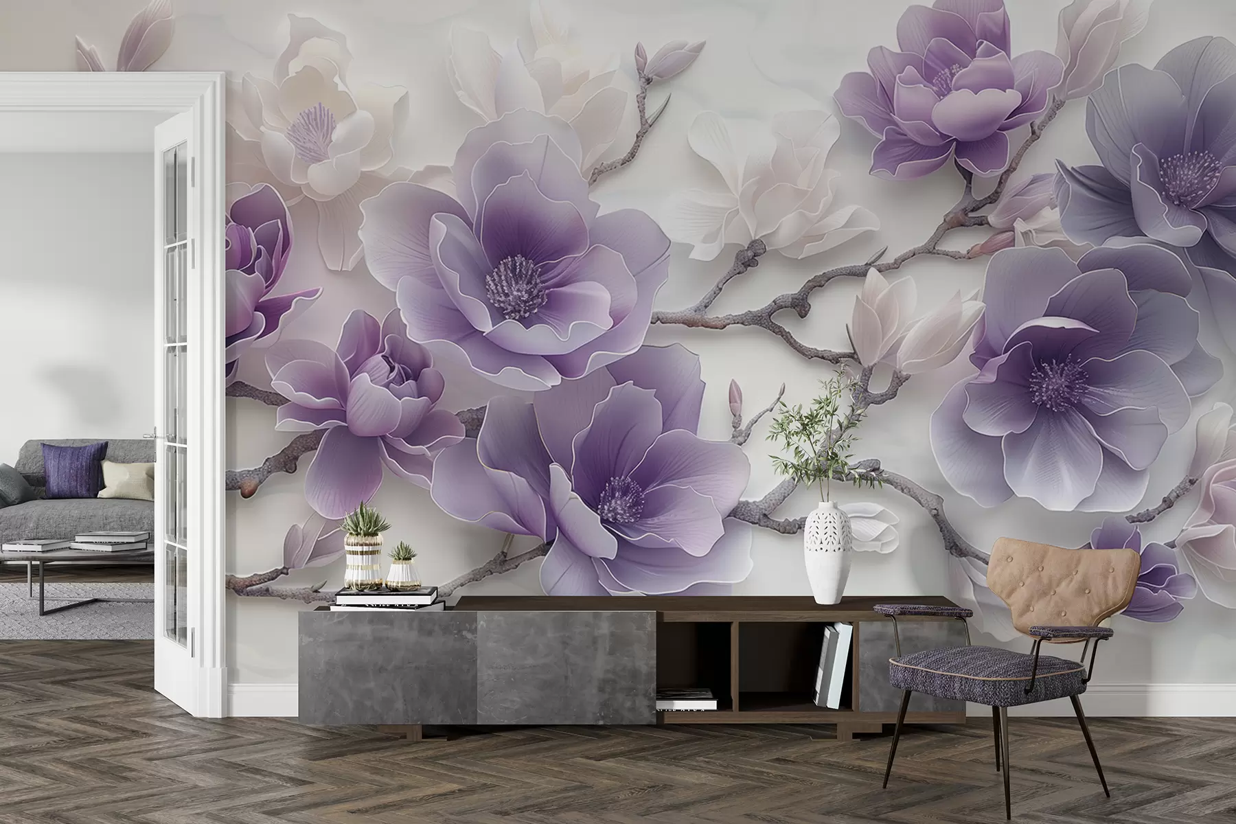 wall murals Љубичасти рељефни цветови магнолије на грациозној грани w01359