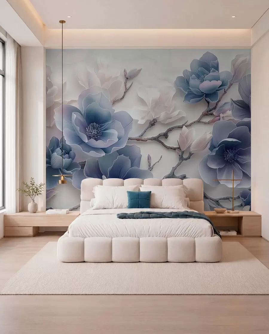 wall murals Плаво рељефно цвеће магнолије на грациозној грани w01359v1