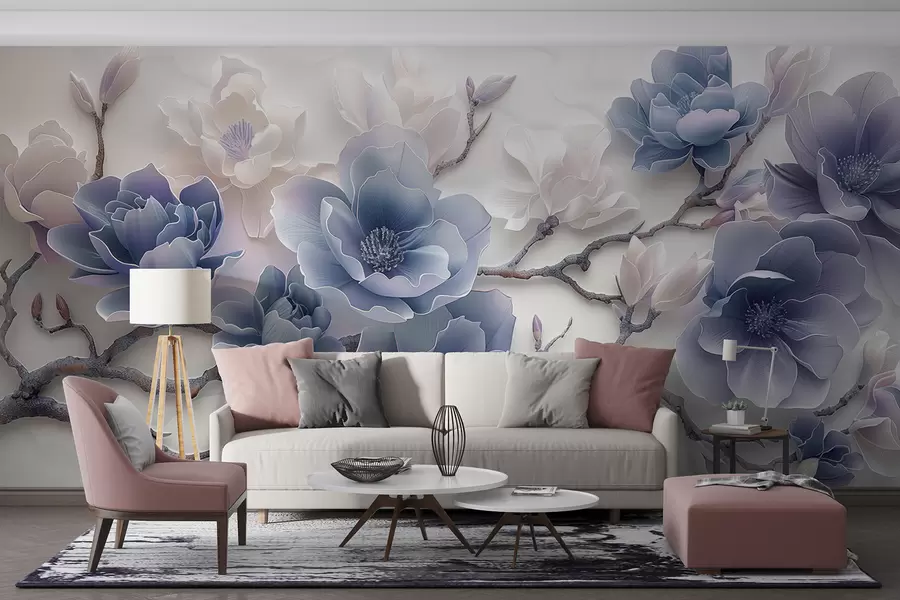 wall murals Плаво рељефно цвеће магнолије на грациозној грани w01359v1