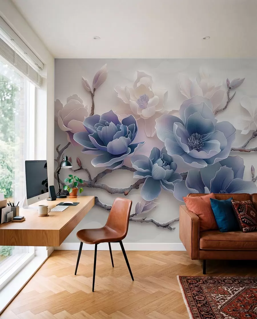 wall murals Плаво рељефно цвеће магнолије на грациозној грани w01359v1