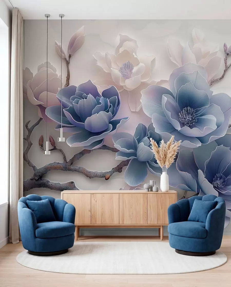 wall murals Плаво рељефно цвеће магнолије на грациозној грани w01359v1