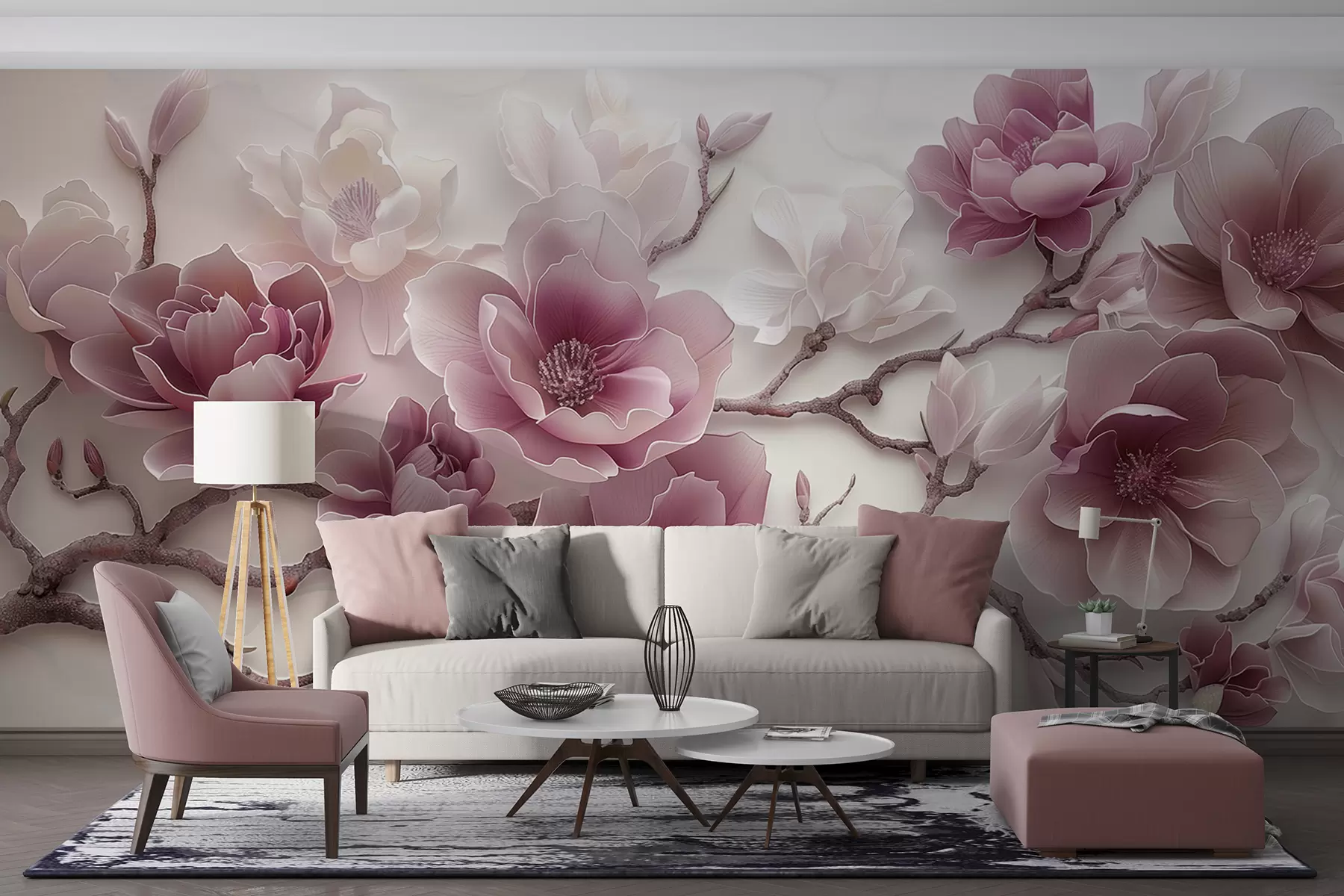 wall murals Ружичасти рељефни цветови магнолије на грациозној грани w01359v2