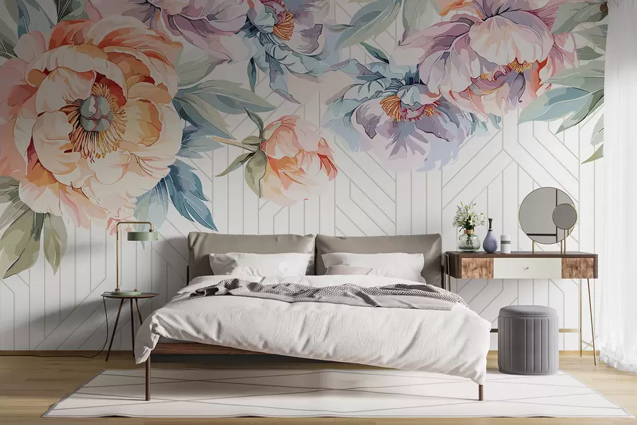 wall murals Живописне брескве и ружичасти апстрактни божури са зеленим листовима на позадини беле и сиве шаре w08183