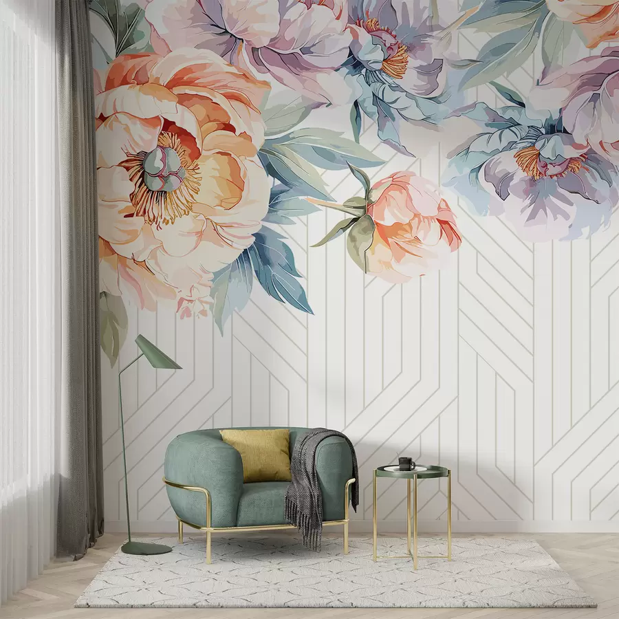 wall murals Живописне брескве и ружичасти апстрактни божури са зеленим листовима на позадини беле и сиве шаре w08183