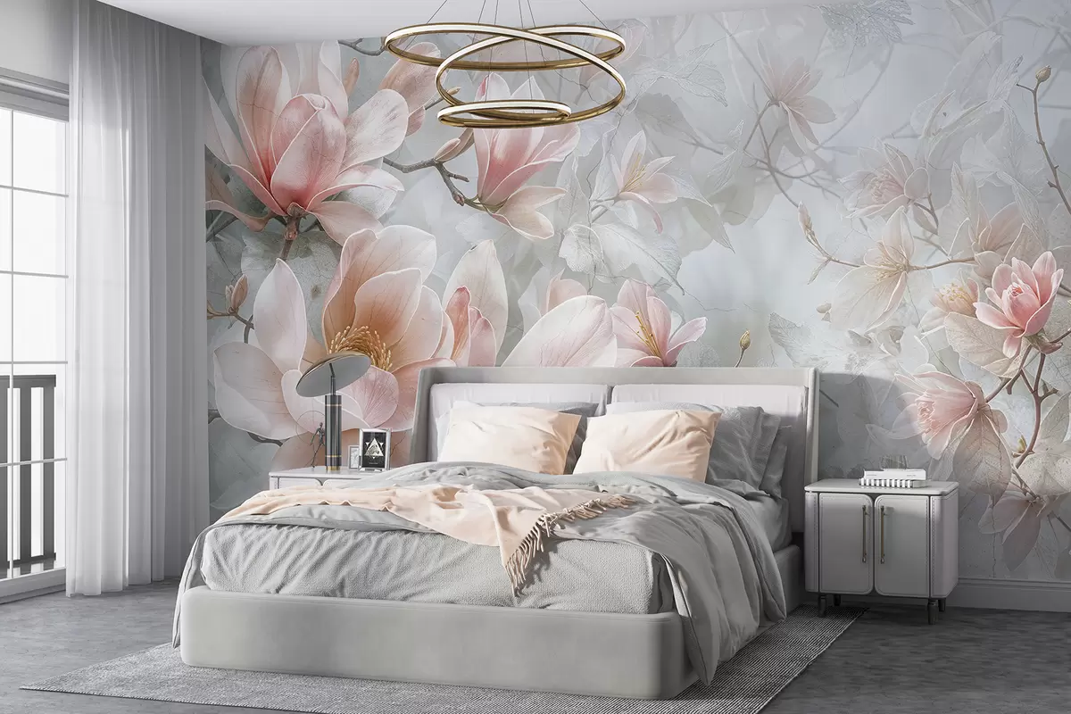 wall murals Нежно ружичасто цвеће магнолије цвета на мекој, замућеној цветно сивој позадини w08192
