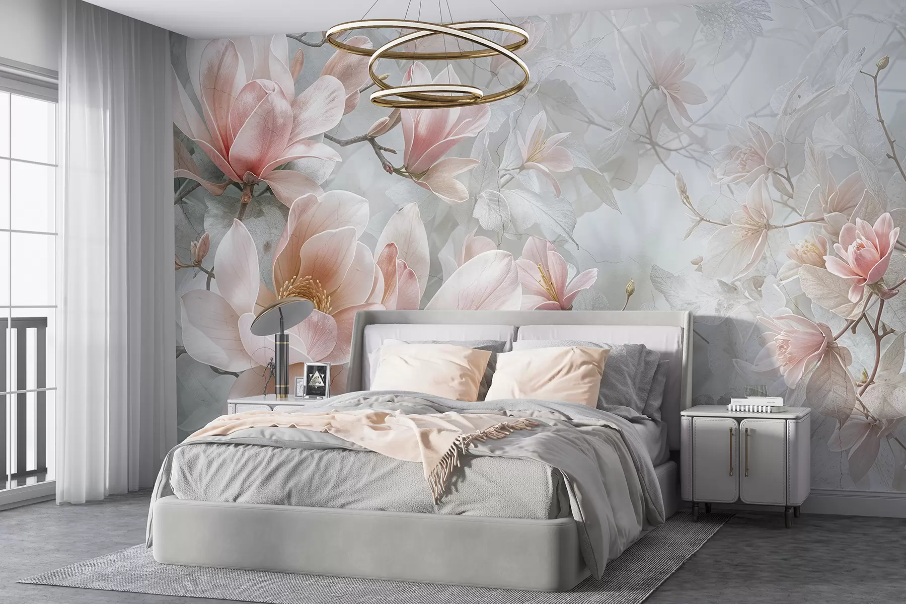 wall murals Нежно ружичасто цвеће магнолије цвета на мекој, замућеној цветно сивој позадини w08192